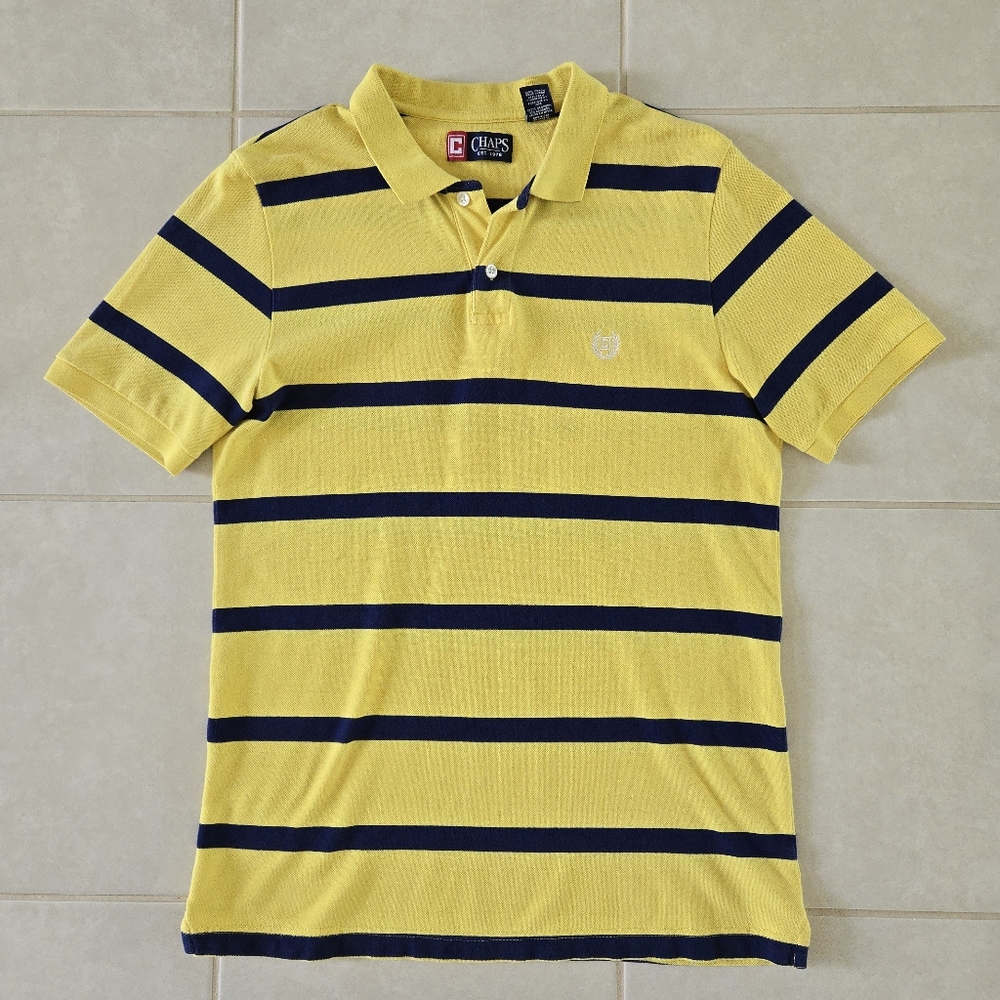 CHAPS Mens M Medium Yellow Navy Blue Striped Polo Short Sleeve Cotton Shirt